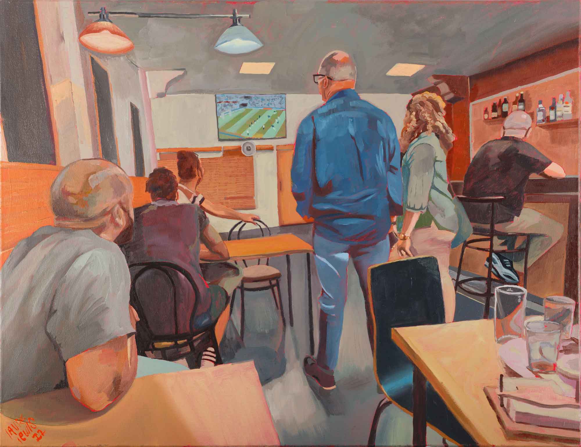 Oil painting of a café interior by Laura Lewis