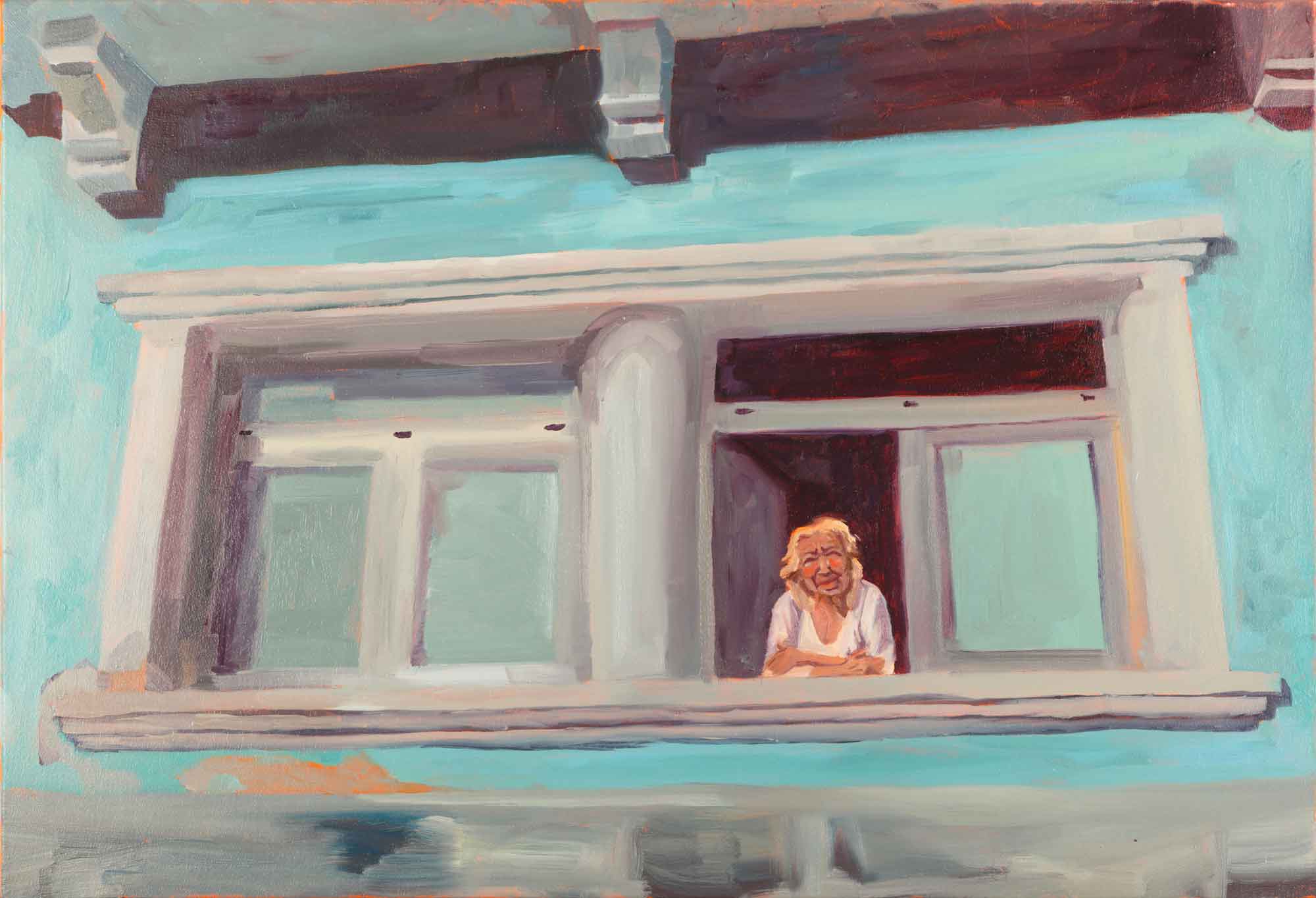 Oil painting of a small figure seen through a window by Laura Lewis